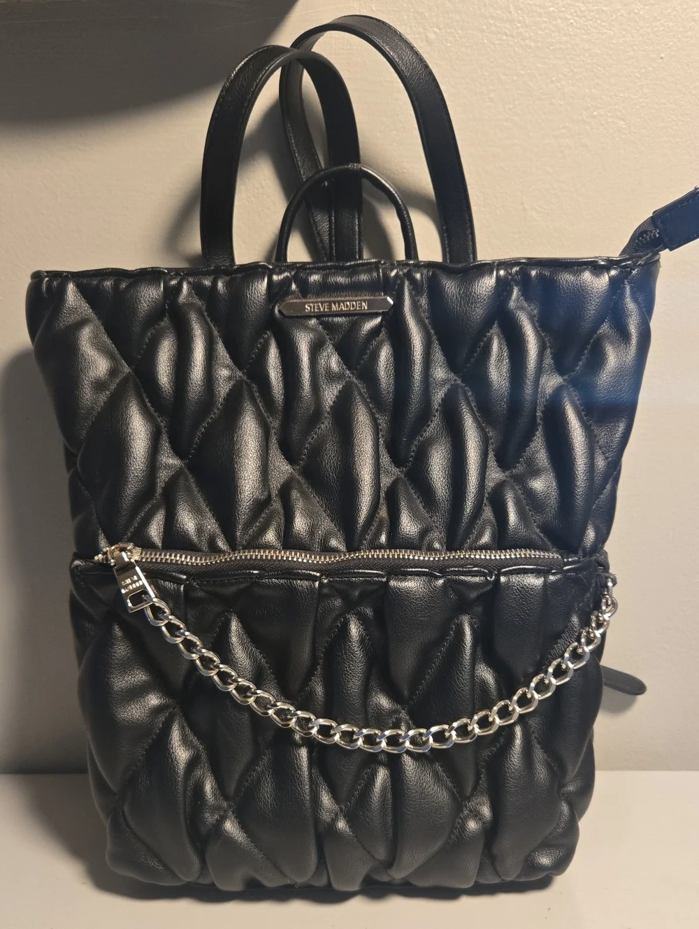 Steve Madden Black Quilted Backpack Chain-Accent Tote